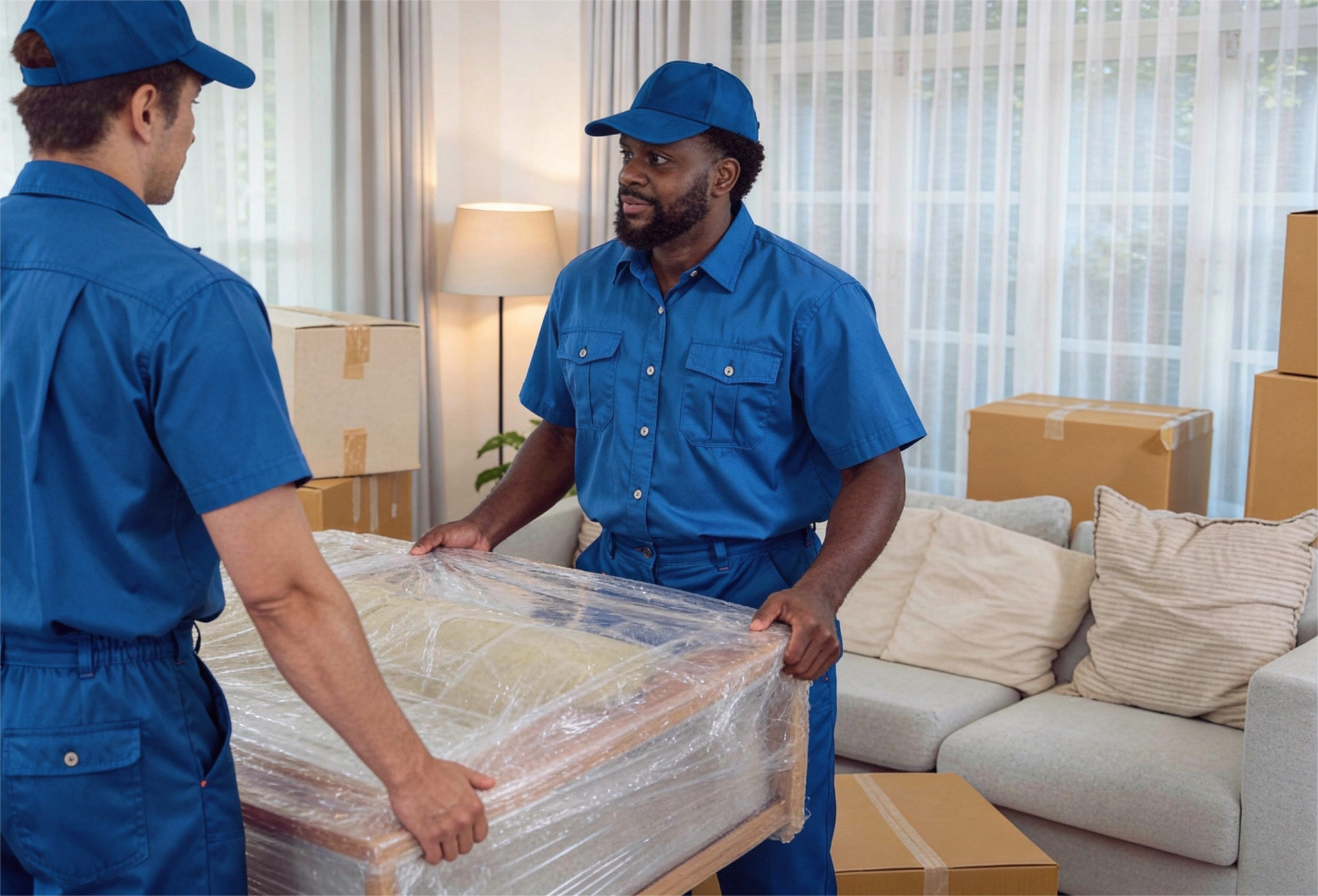 Experienced movers carefully wrapping and lifting furniture inside a home by City of Angels Move