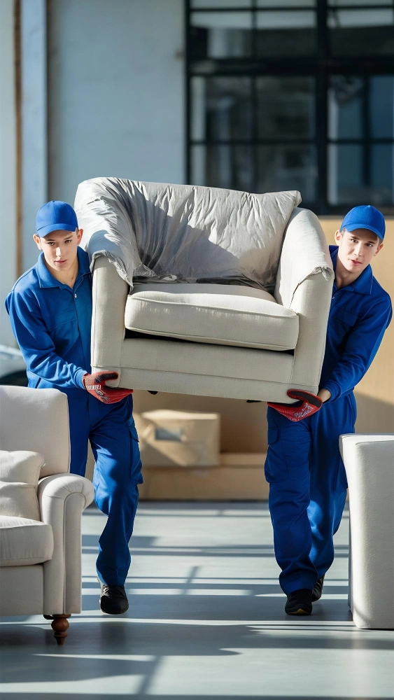 Professional movers wrapping and protecting large furniture for safe transport by City of Angels Move
