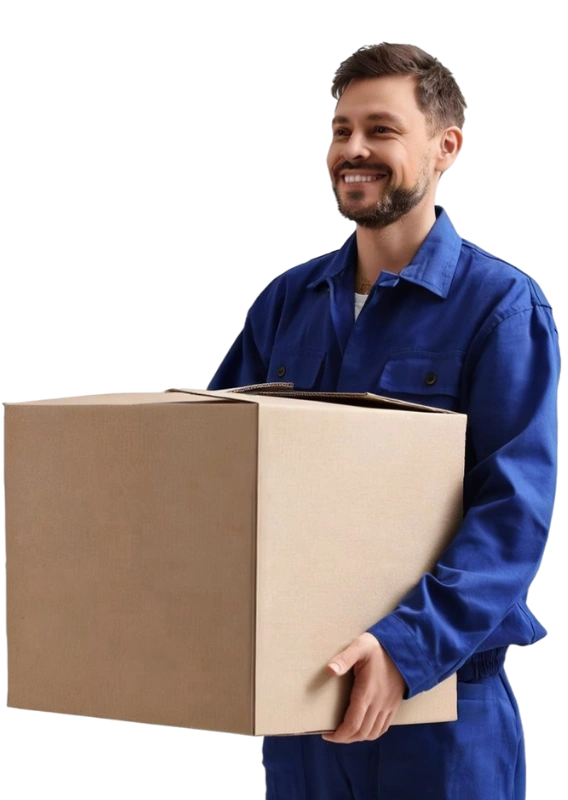 Smiling professional mover holding a packed box ready for relocation services by City of Angels Move