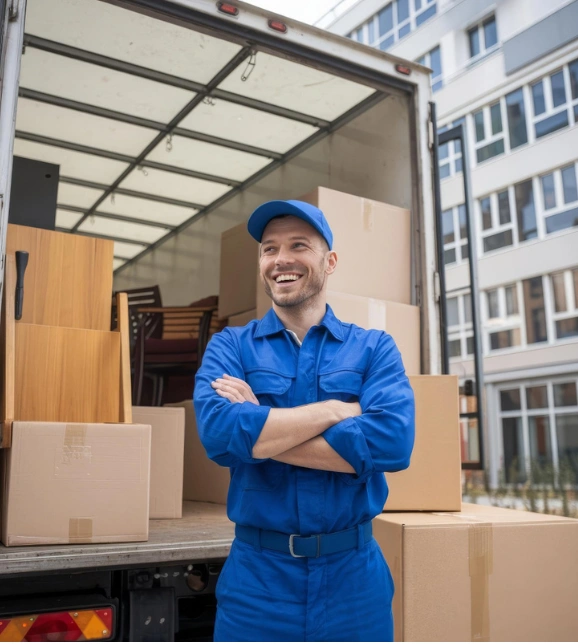 Professional mover standing confidently in front of a loaded moving truck representing trusted service by City of Angels Move