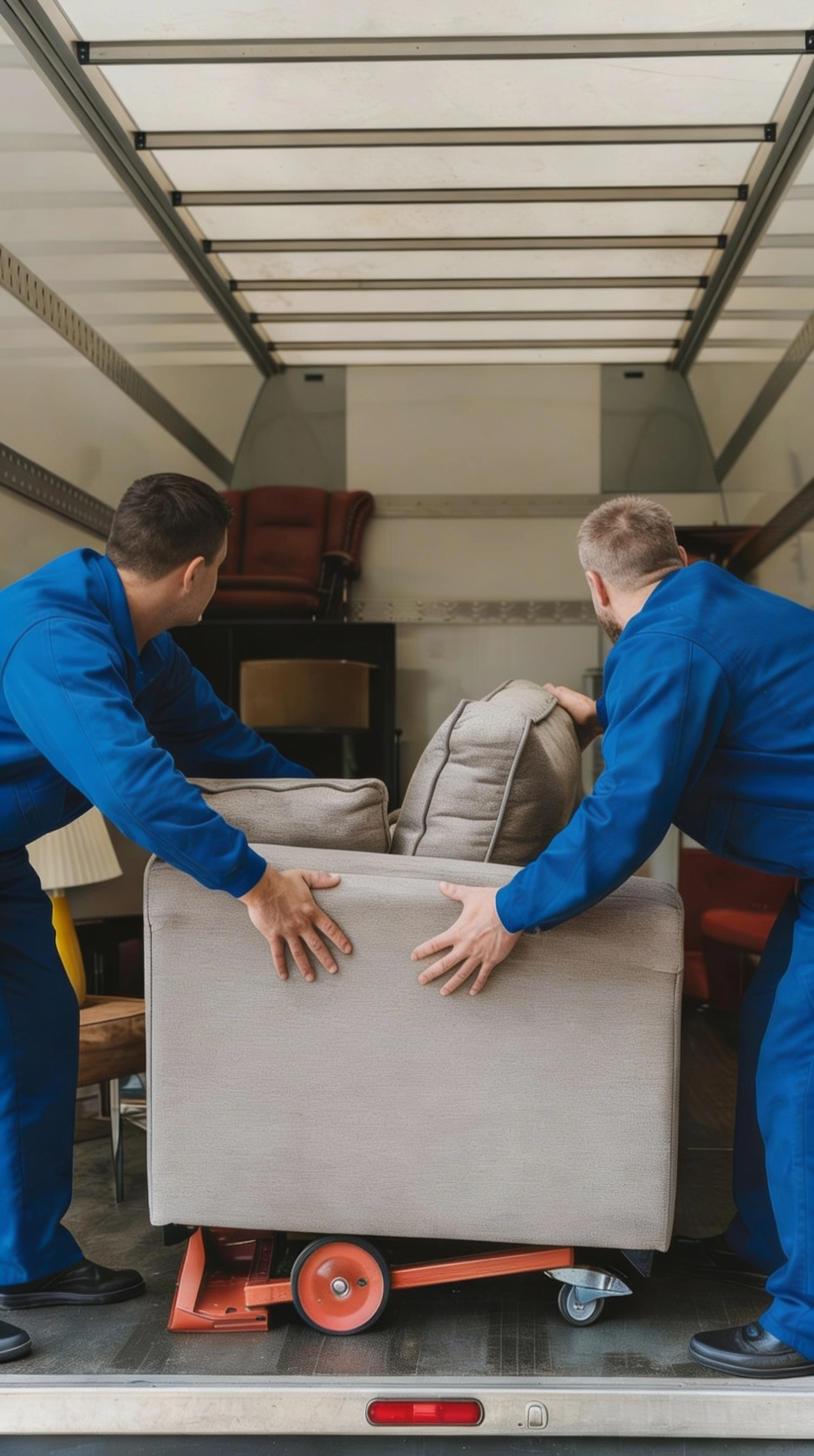 Experienced movers carefully loading a sofa onto a moving truck using proper equipment by City of Angels Move