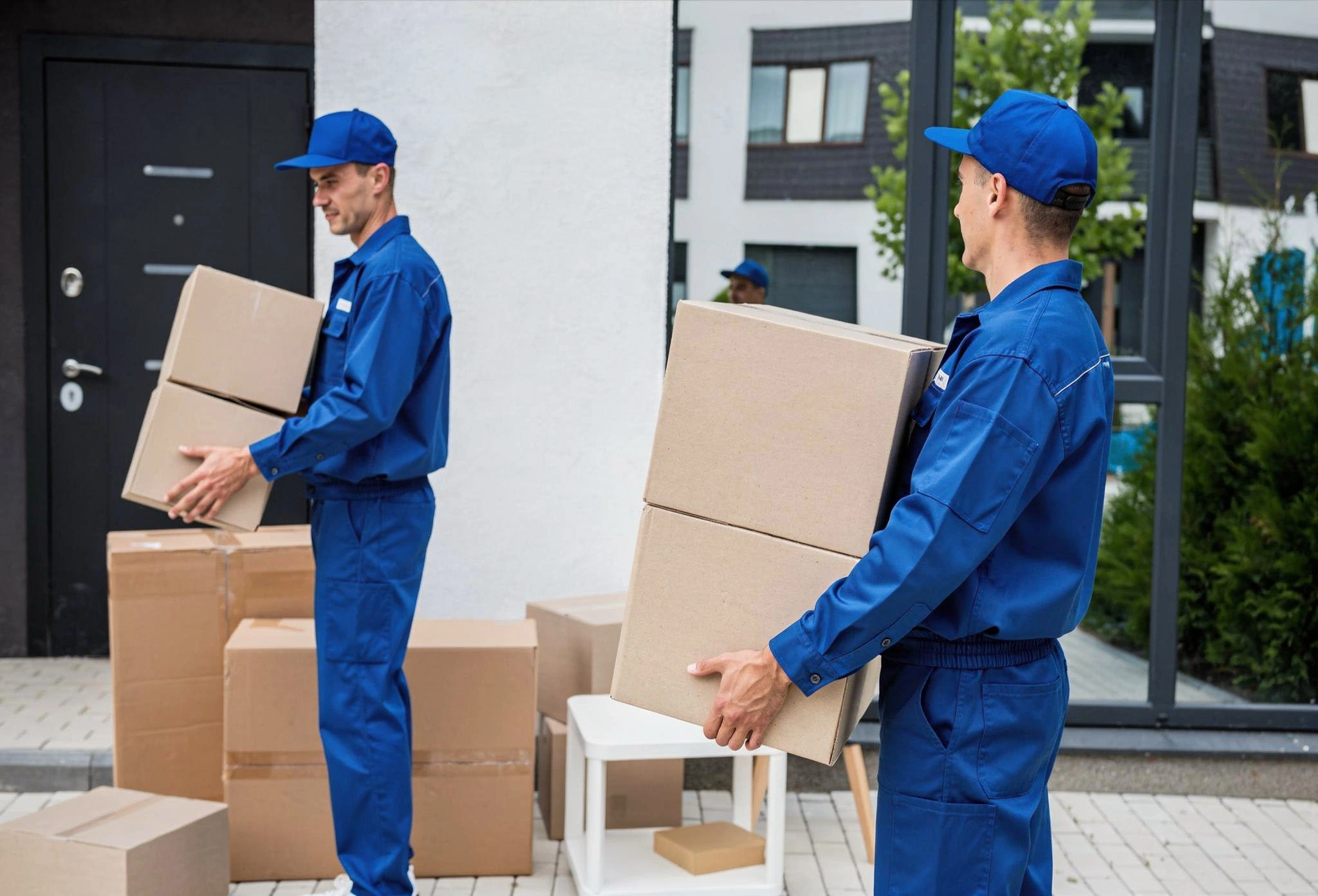Professional moving crew carrying packed boxes during a residential relocation by City of Angels Move